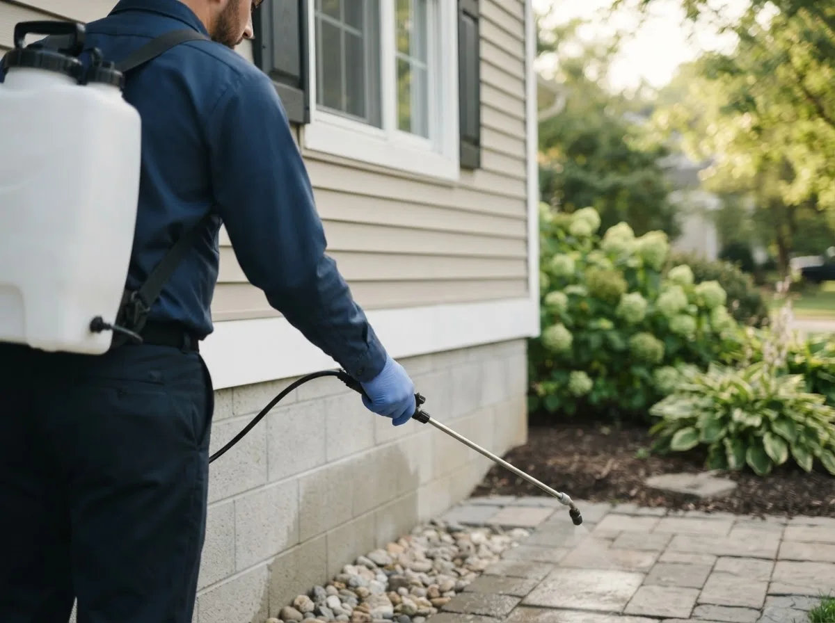 Pest control technician inspecting a home in Briscoe, TX